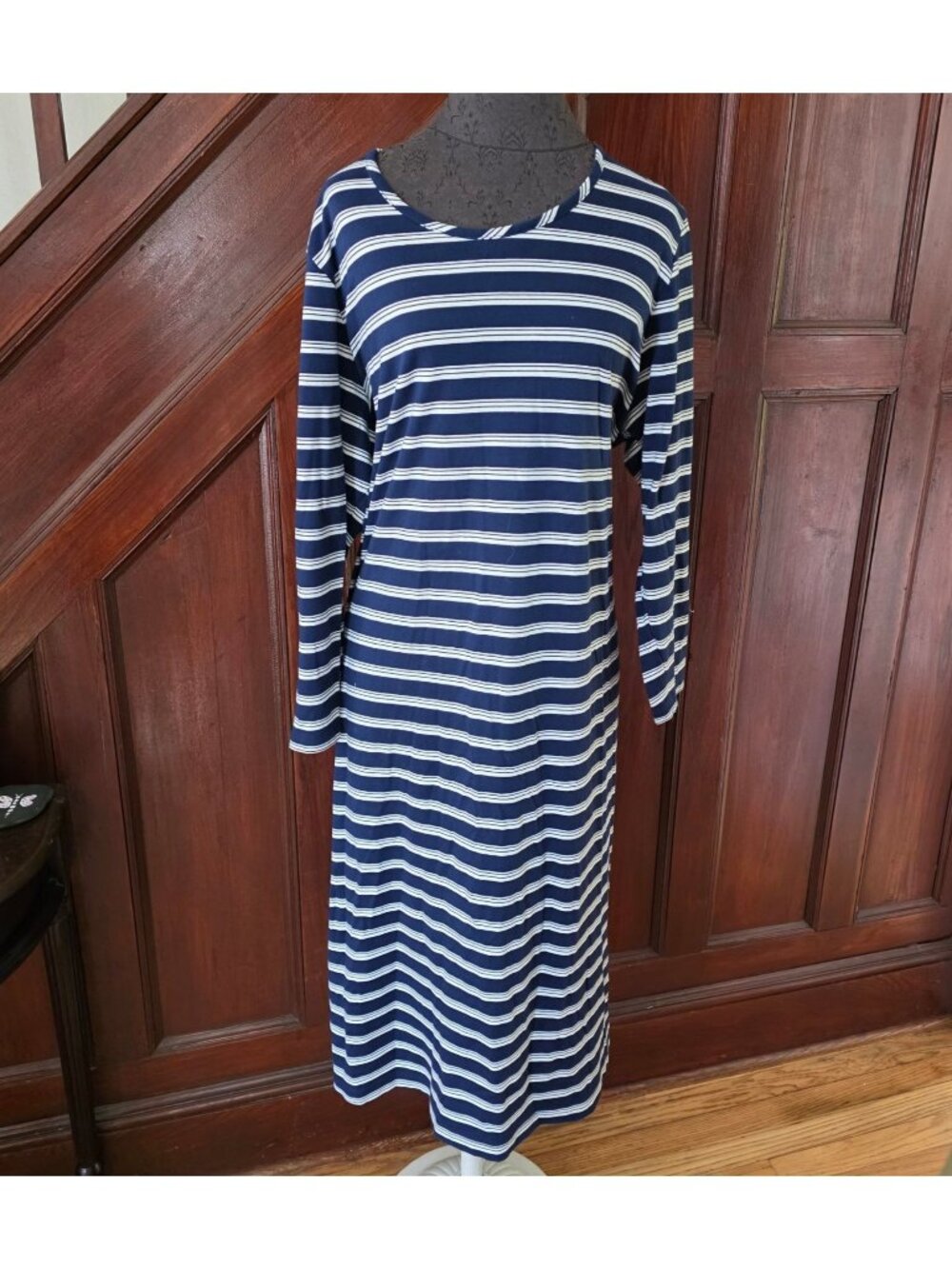 Lands End Womens Striped Navy & White Long Sleeve Midi Dress 2X